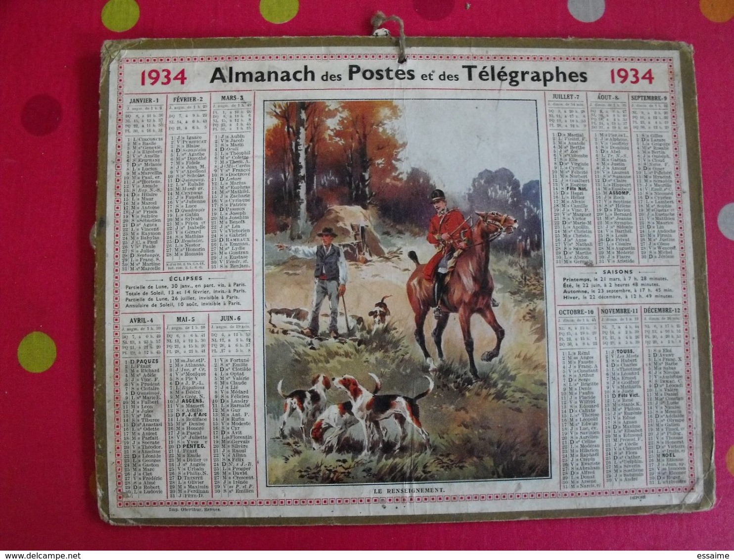 Almanach Des PTT . Calendrier Poste 1934. Chasse à Courre - Groot Formaat: 1921-40