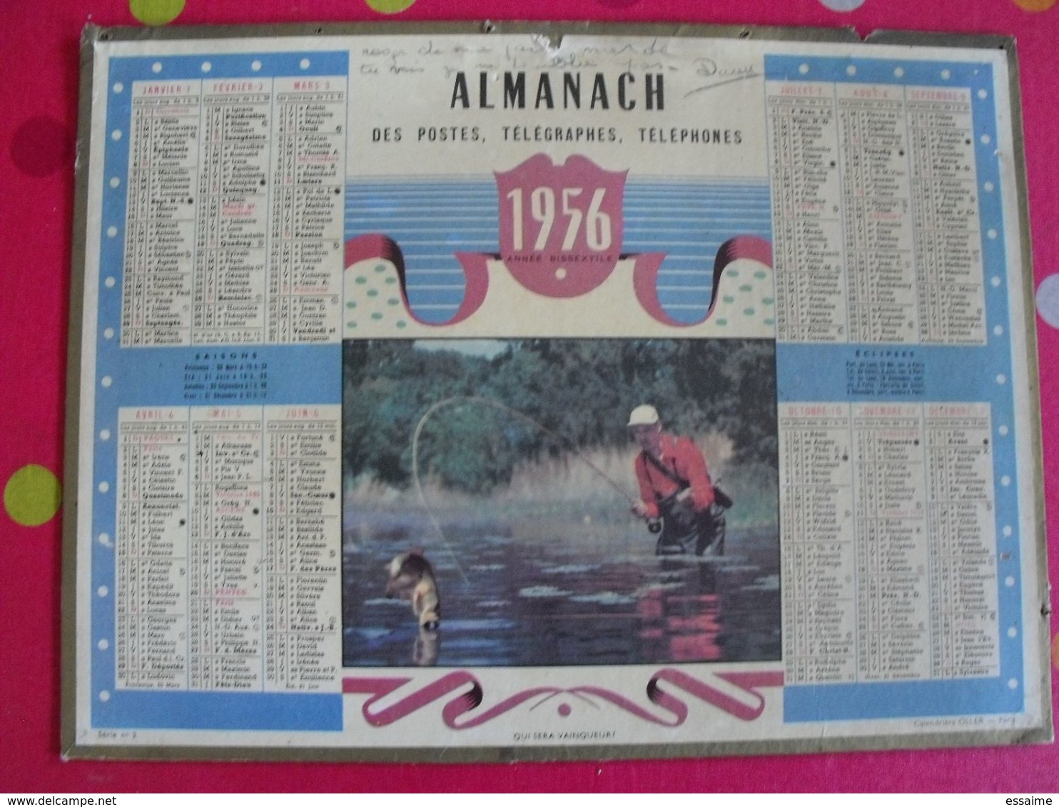 Almanach Des PTT. Cantal. Calendrier Poste 1956. Pêche - Grand Format : 1941-60