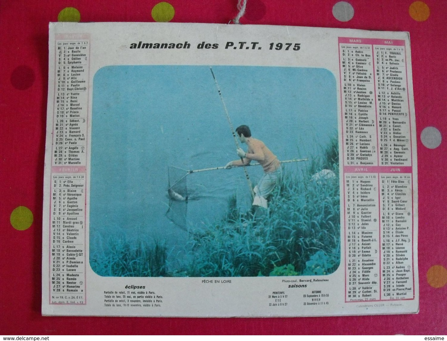 Almanach Des PTT. Cantal. Calendrier Poste 1975. Pêche En Loire, Pêche à La Caille. - Big : 1971-80