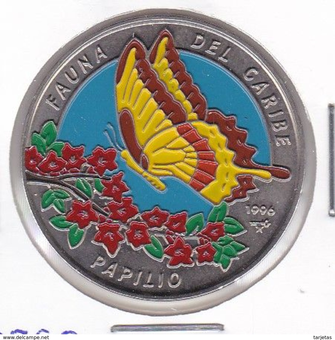 MONEDA DE CUBA DE 1 PESO DEL AÑO 1996 DE FAUNA DEL CARIBE - MARIPOSA PAPILIO - Kuba