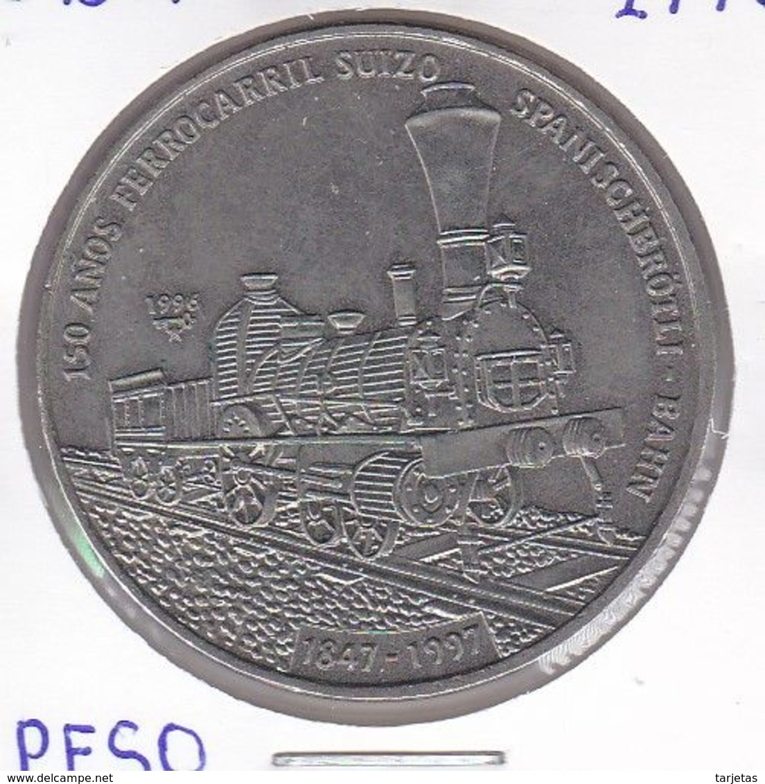 MONEDA DE CUBA DE 1 PESO DEL AÑO 1996 - 150 AÑOS FERROCARRIL SUIZO (TREN-TRAIN) - Cuba