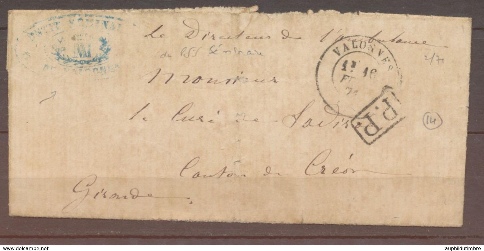 1871 Lettre T17 VALOGNES (48) + PP Noir + Cachet Bleu Du Petit Séminaire X1123 - Sellos De La Armada (antes De 1900)