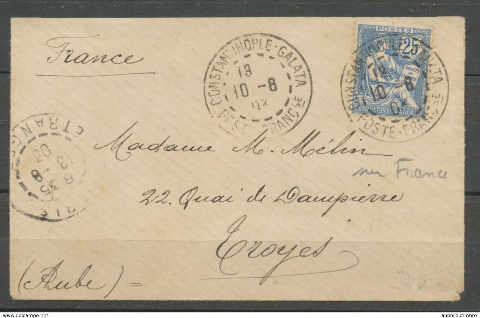 1903 Env. Mouchon France 25c., Obl. CONSTANTINOPLE-GALATA Rare Sur France. X1165 - Colecciones
