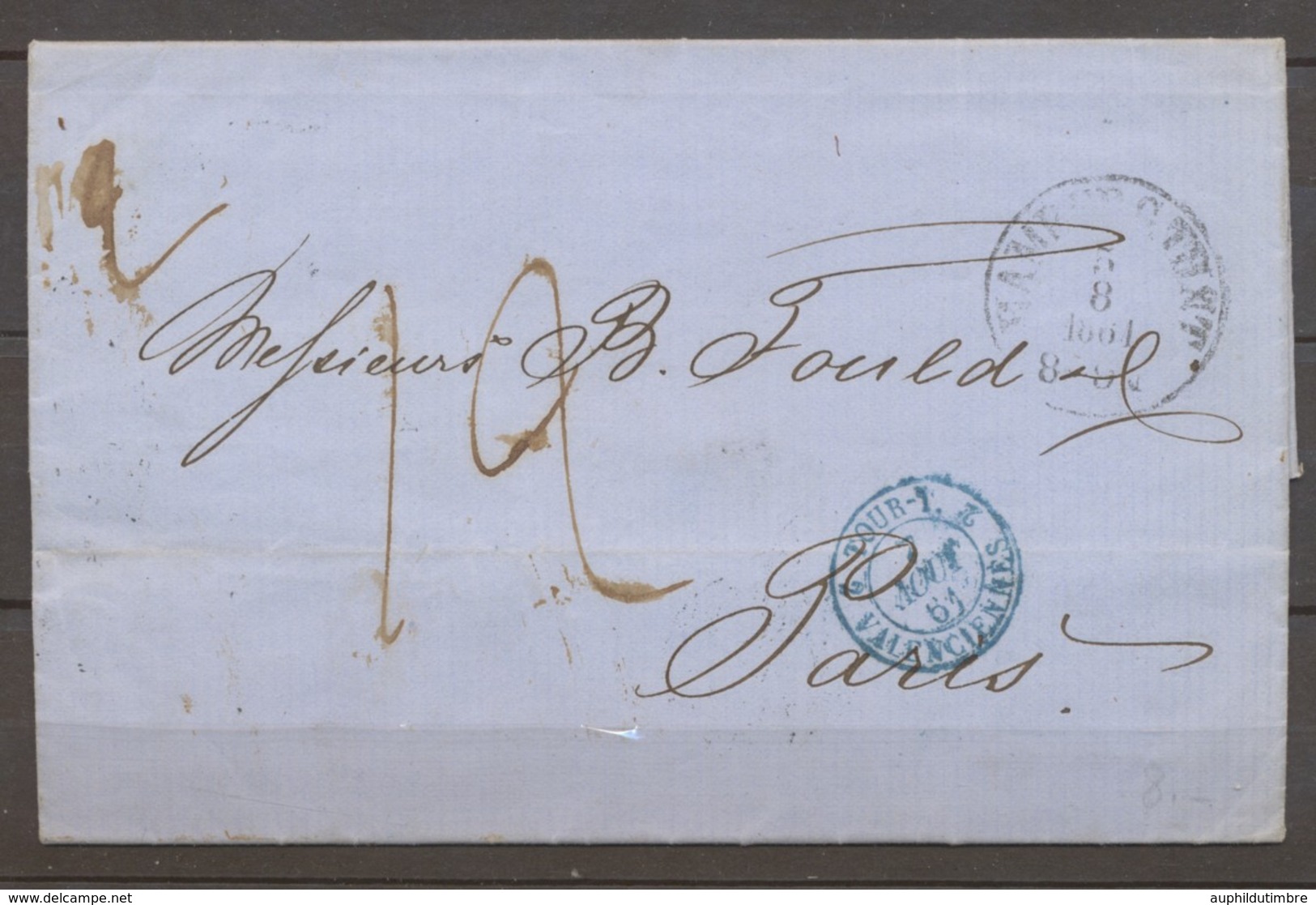 1861 Lettre De Hambourg , Càd Bleu Tour-T, 2/Valenciennes 2, PARIS PR 3+4 X1234 - Entry Postmarks