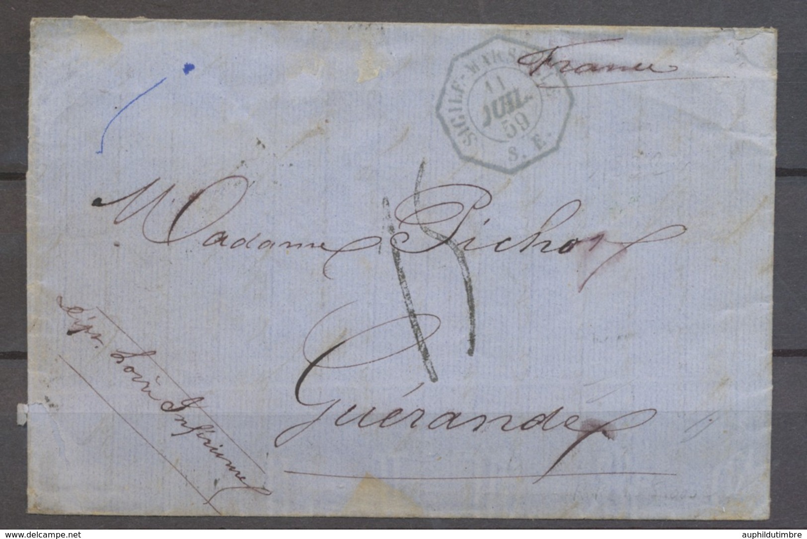 1859 Lettre Cachet Sicile-Marseille/S.E. Octogonal Bleu Entrée En France X1291 - Marques D'entrées