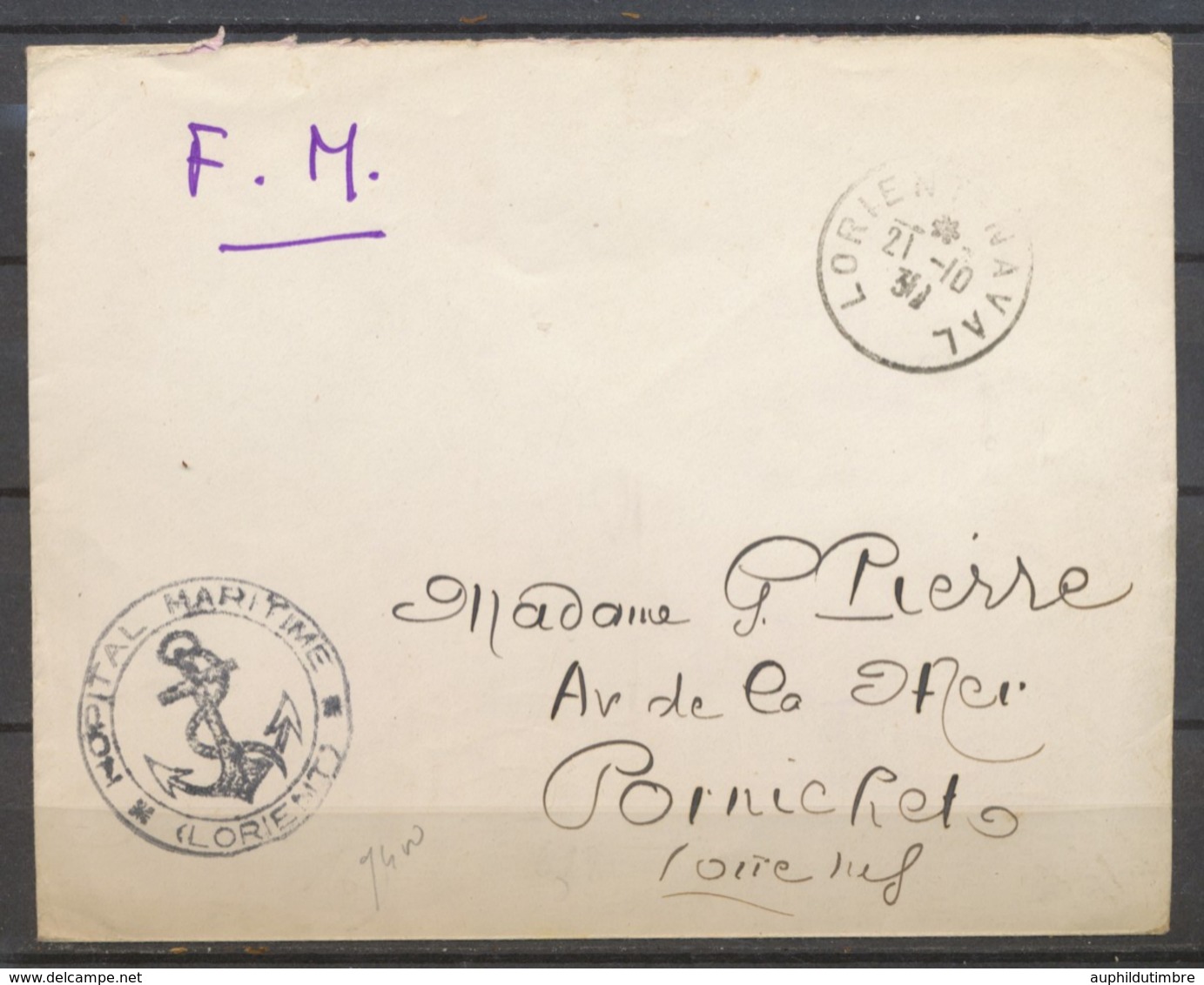 1939 Enveloppe Obl. LORIENT-NAVAL, Cachet Ancre, Superbe X1446 - Maritime Post