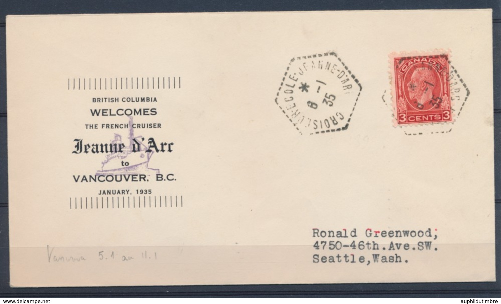 1935 Env. 3c CANADA Obl. CROISEUR-ECOLE-JEANNE-D'ARC, Arrivée, Sup. X1465 - Schiffspost