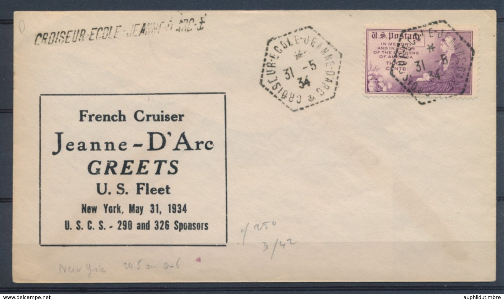 1934 Env. 3c USA Obl. CROISEUR-ECOLE-JEANNE-D'ARC + Linéaire, Sup. X1468 - Maritime Post