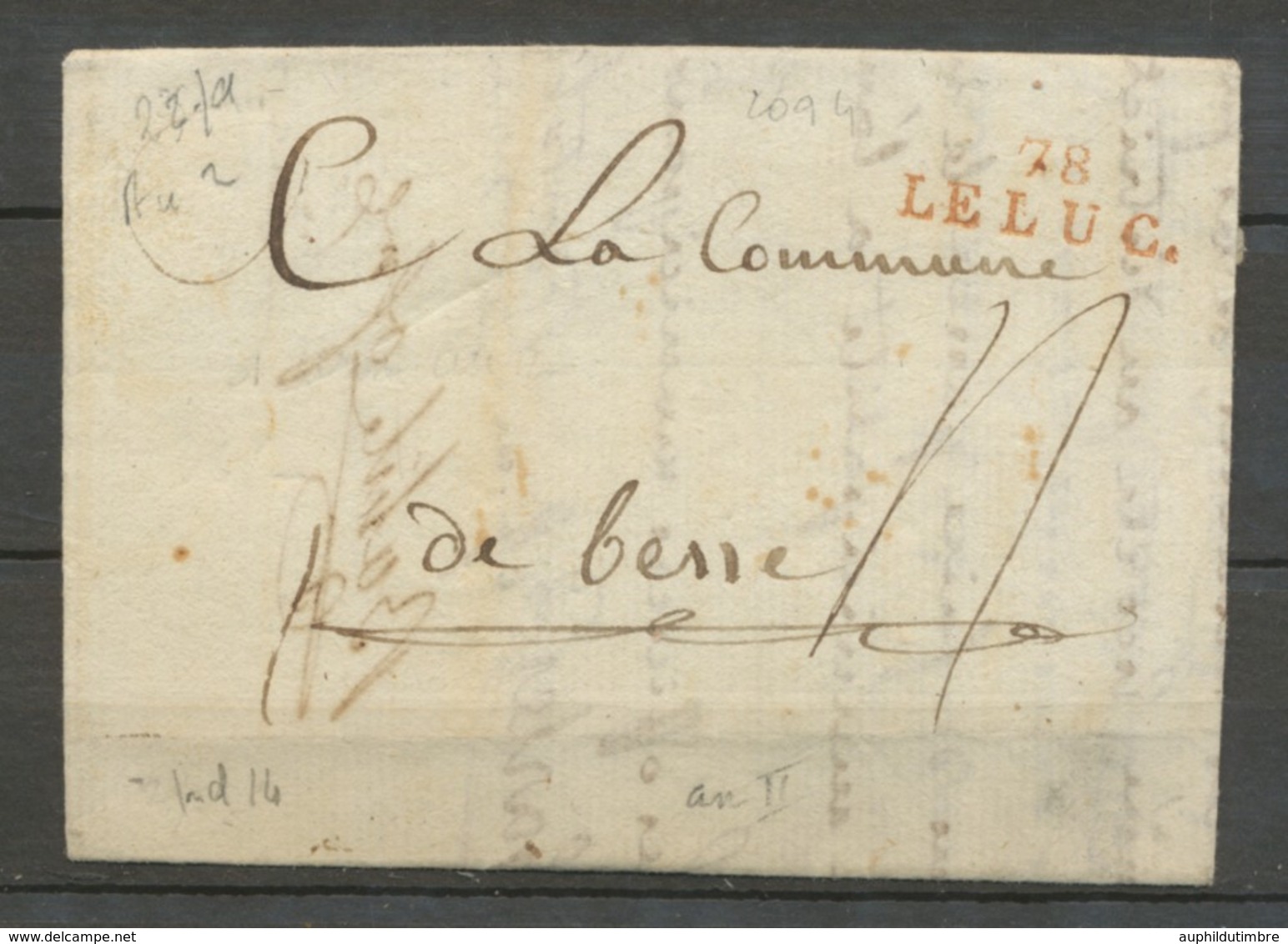 1794 Lettre Marque Linéaire 78 Le Luc En Rouge VAR(78)  25*9mm X2042 - 1701-1800: Précurseurs XVIII