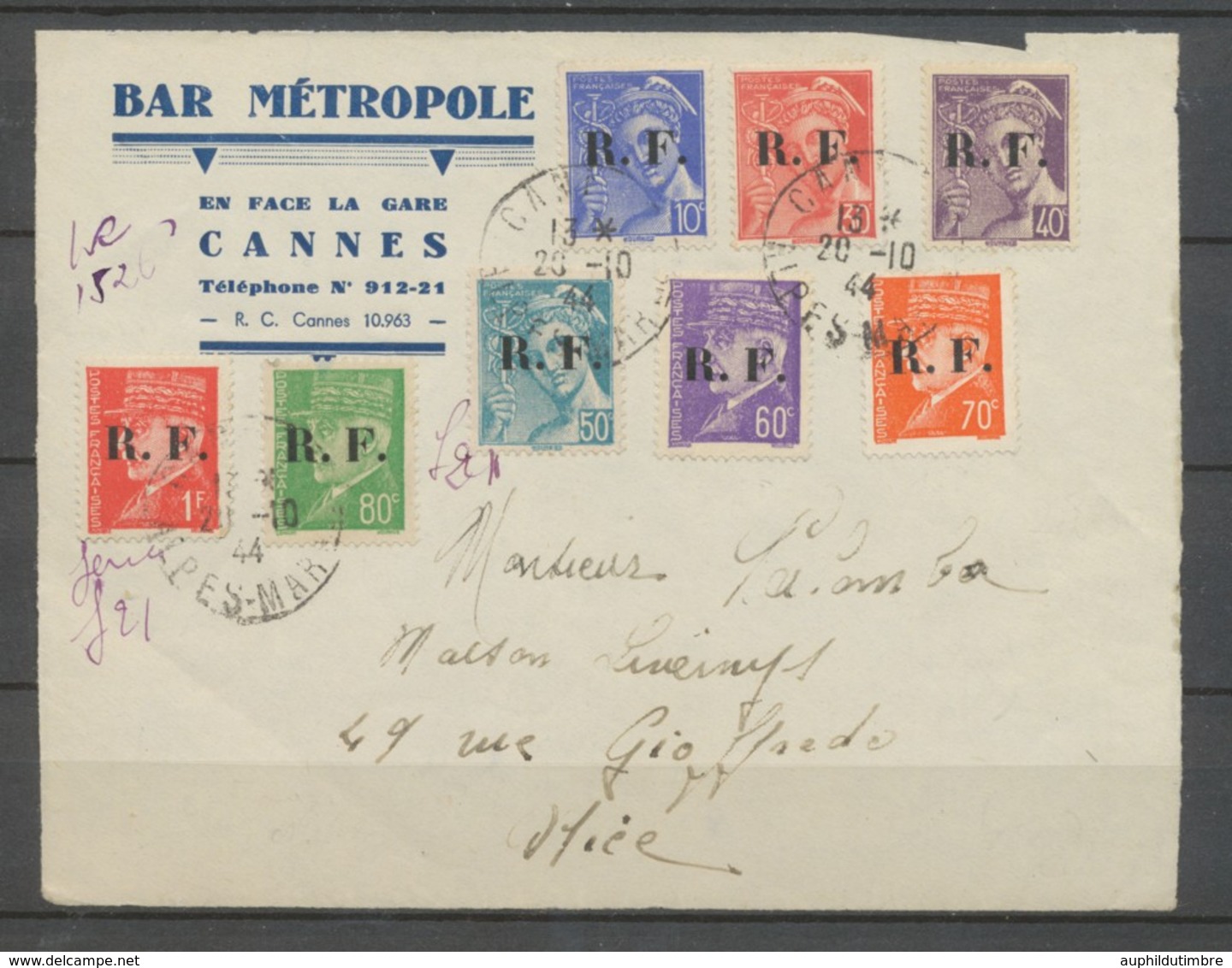 1944 Devant Libération De CANNES 8 Timbres Obl. 20-10-44 TB. Signé Calves. X2523 - Guerre De 1939-45