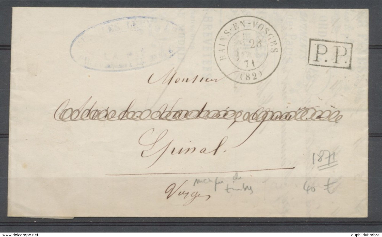 1871 Lettre CAD BAINS-EN-VOSGES + PP Affranchit Par Manque De Timbres X2673 - Guerra Del 1870