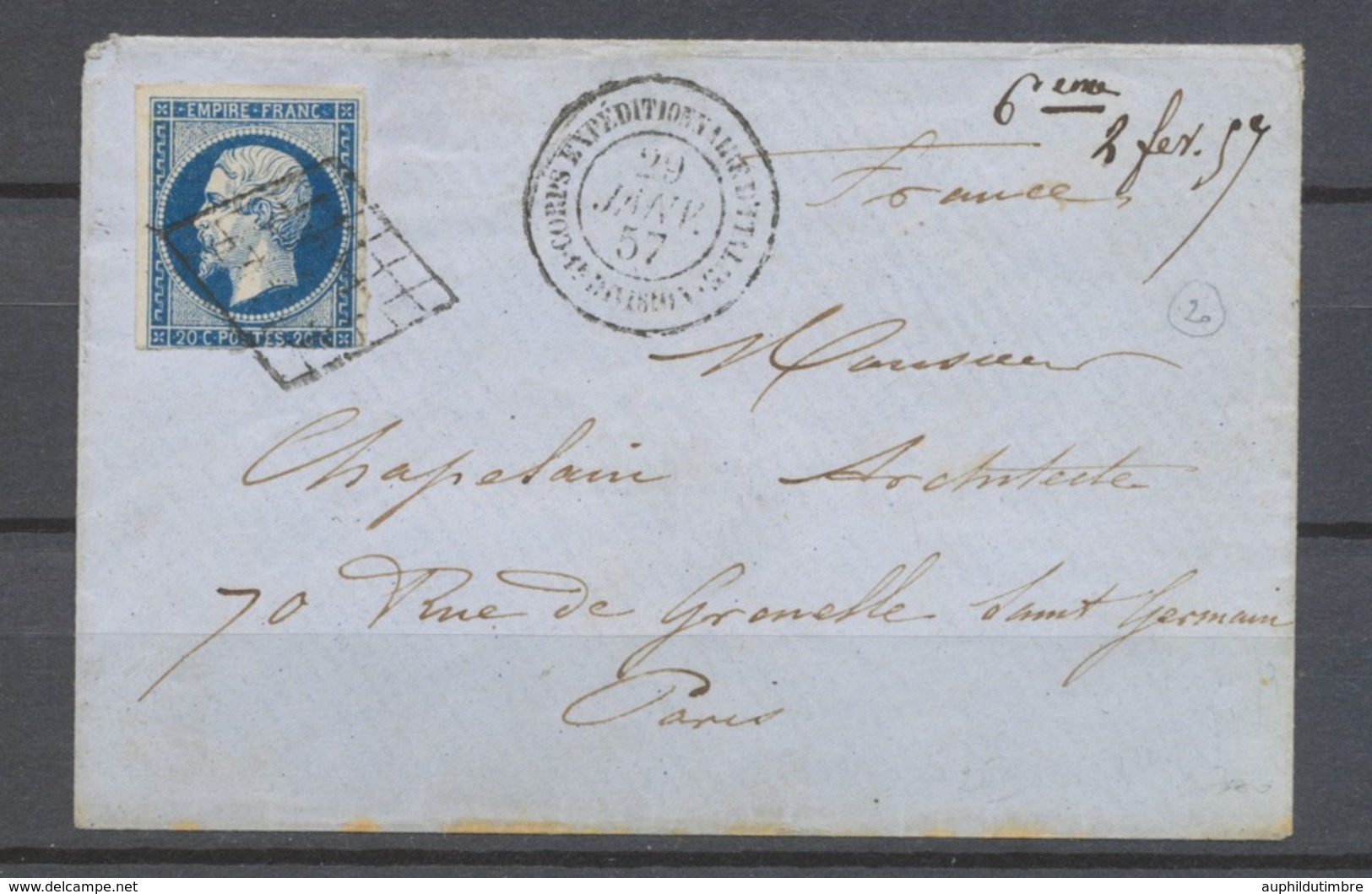 1857 Env. N°14 Obl Grille Corps Expéditionnaire D'Italie - 1er Division X2713 - Army Postmarks (before 1900)