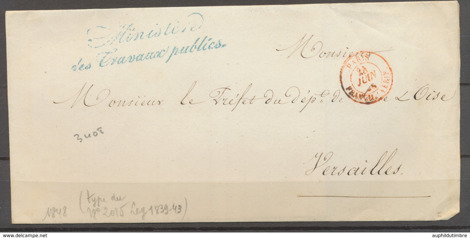 1848 Lettre Franchise Ministère Des Travaux Publics N°4497. + Verif X3040 - Cartas Civiles En Franquicia