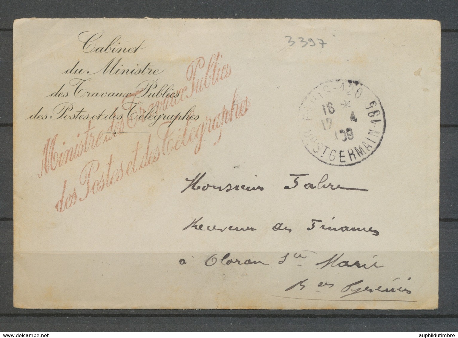 1908 Franchise Griffe Ministre Des Travaux Publics Des Postes Télégraphes X3105 - Cartas Civiles En Franquicia