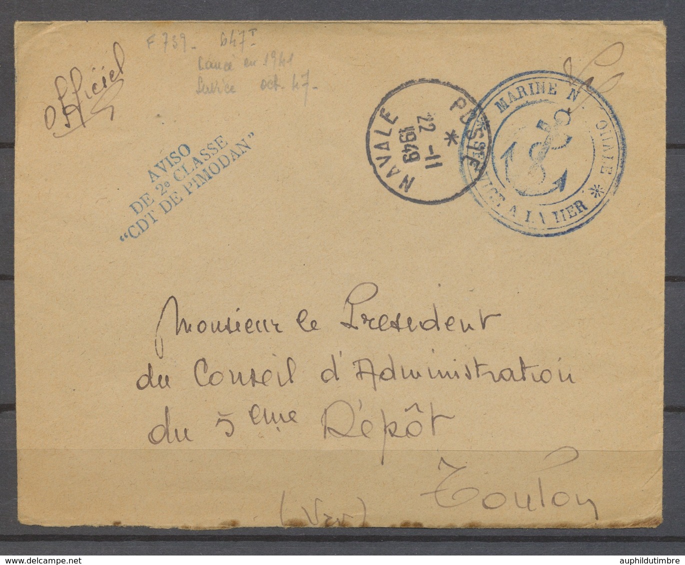 1949 Enveloppe Marine Franchise Griffe AVISO De 2e Classe "CDT DE PIMODAN" X3204 - Maritieme Post