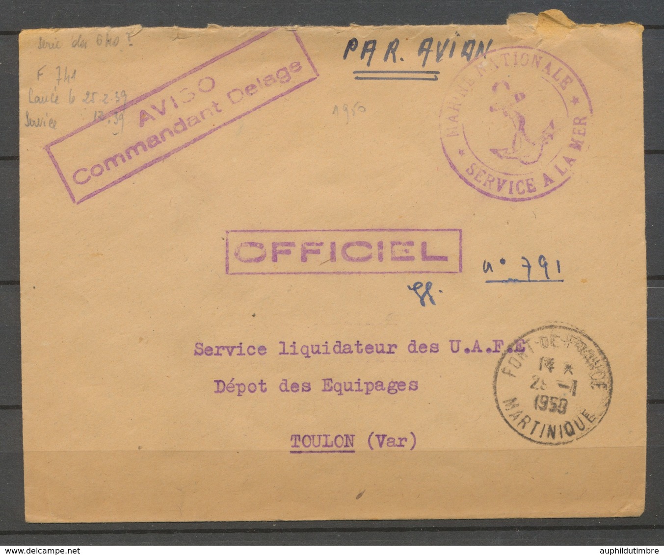 1950 Enveloppe Marine Franchise Griffe AVISO COMMANDANT DELAGE X3203 - Maritime Post