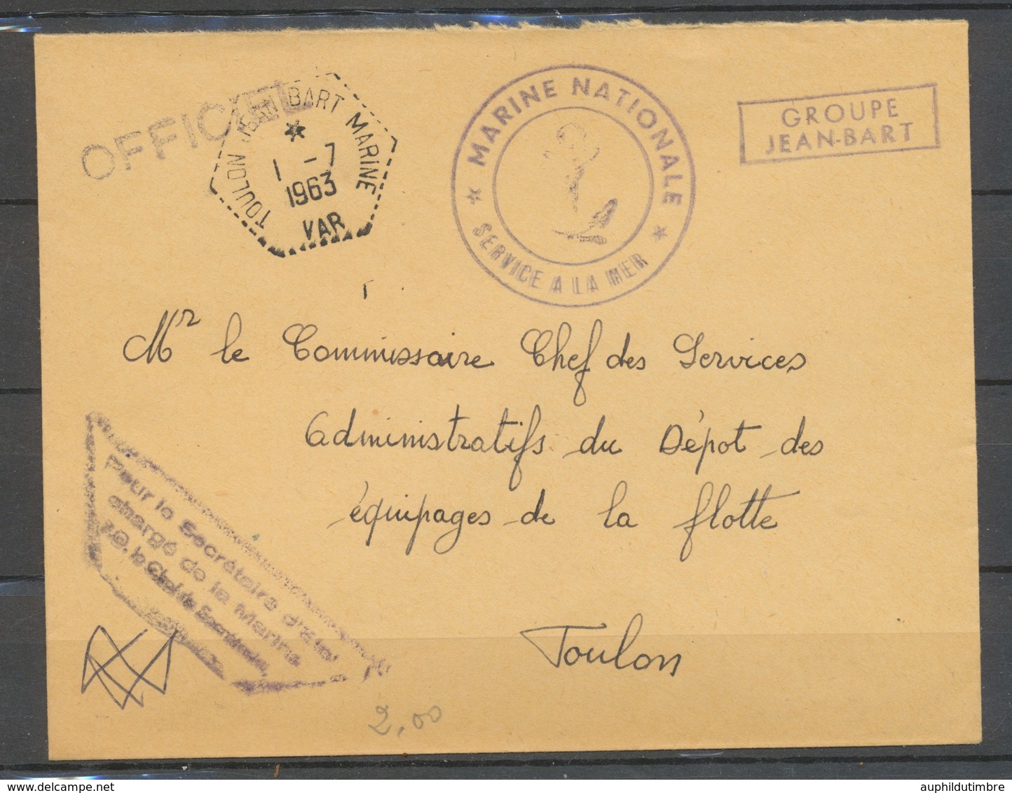 1963 Env. Cachet TOULON-JEAN-BART MARINE VAR + Ancre Superbe X3226 - Posta Marittima