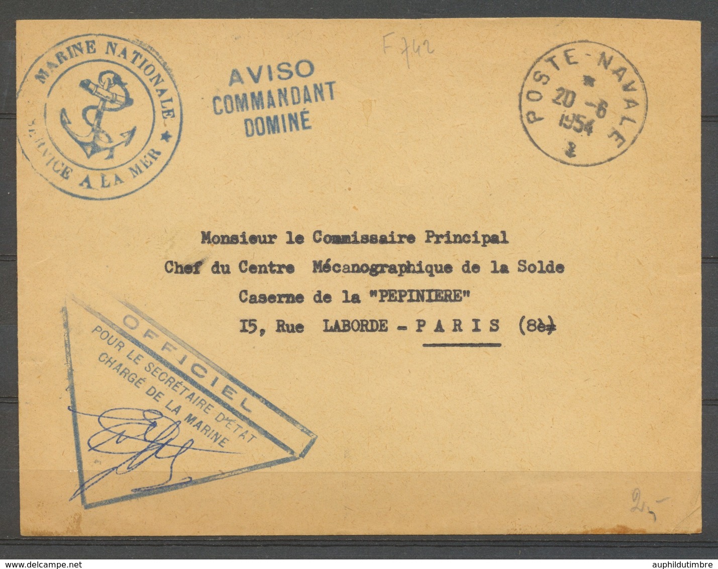 1954 Env. Obl Poste Navale Ancre + Aviso COMMANDANT DOMINE Sup. X3236 - Maritieme Post
