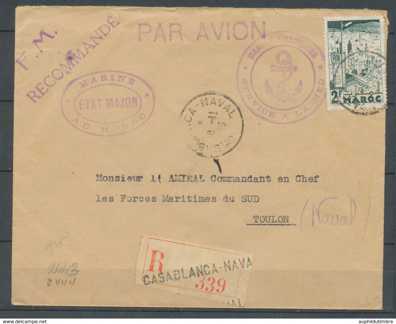 1939 Env En FM + 2f Vert Par Avion En Recommandé Obl. CASABLANCA NAVAL X3714 - Maritieme Post