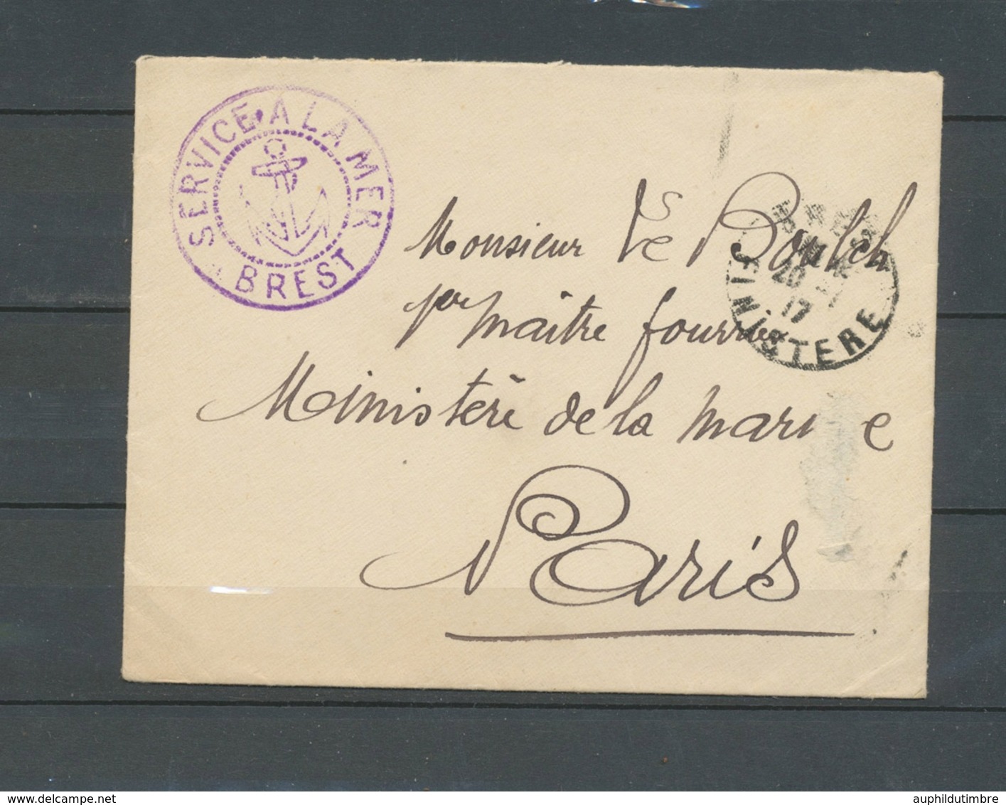 1917 Env. Obl Brest Finistère + Cachet Violet Service à La Mer - BREST X3720 - Schiffspost