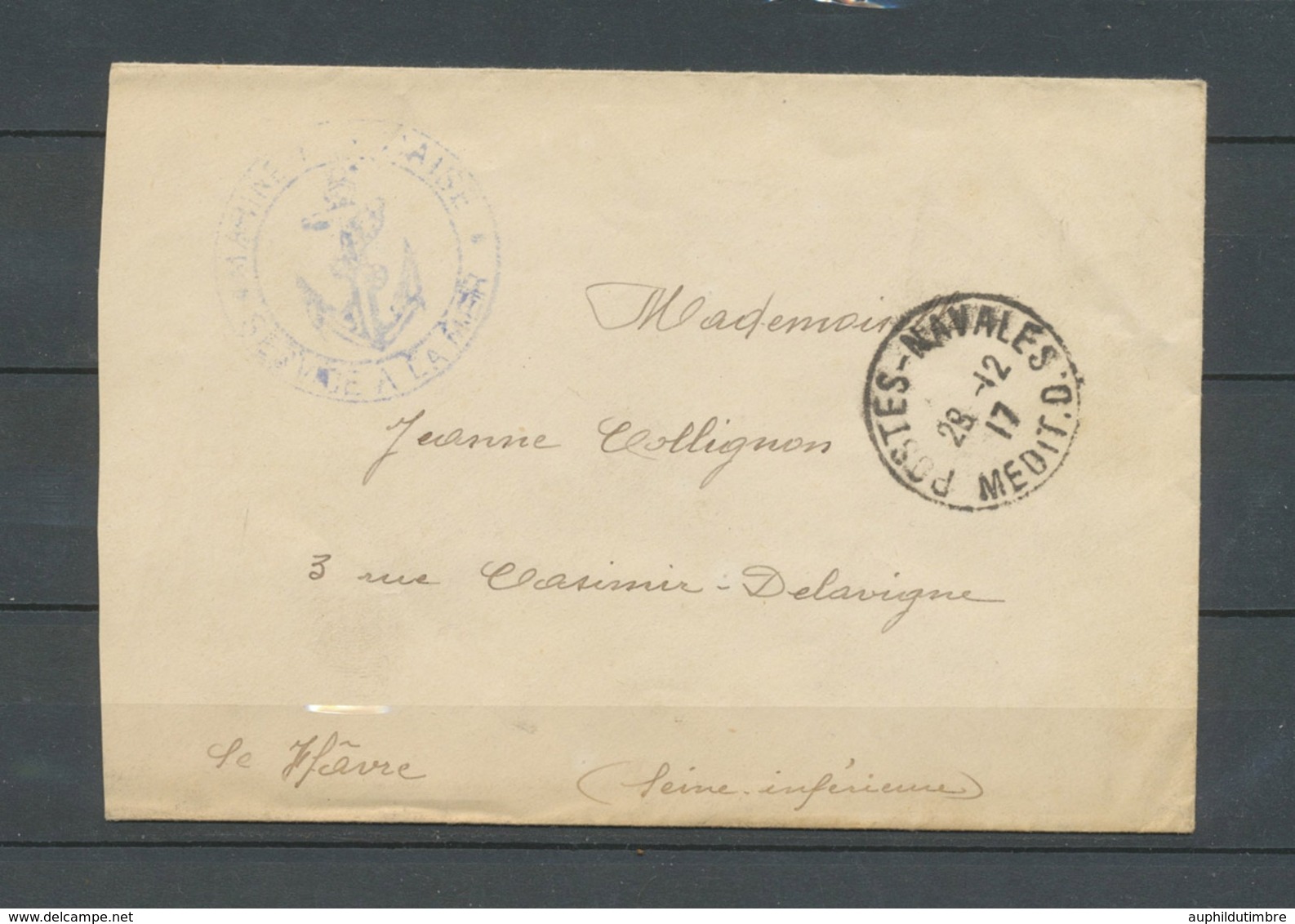 1917 Env. En FM Obl POSTES-NAVALES MEDIT.D. , Salonique. Superbe X3726 - Correo Marítimo