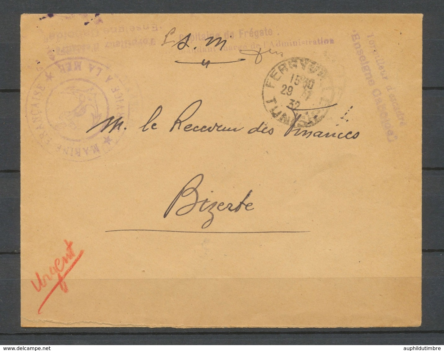 1932 Env. En FM Obl TUNISIE Griffe Torpilleur D'Escadre Enseigne Gaboide X3751 - Schiffspost