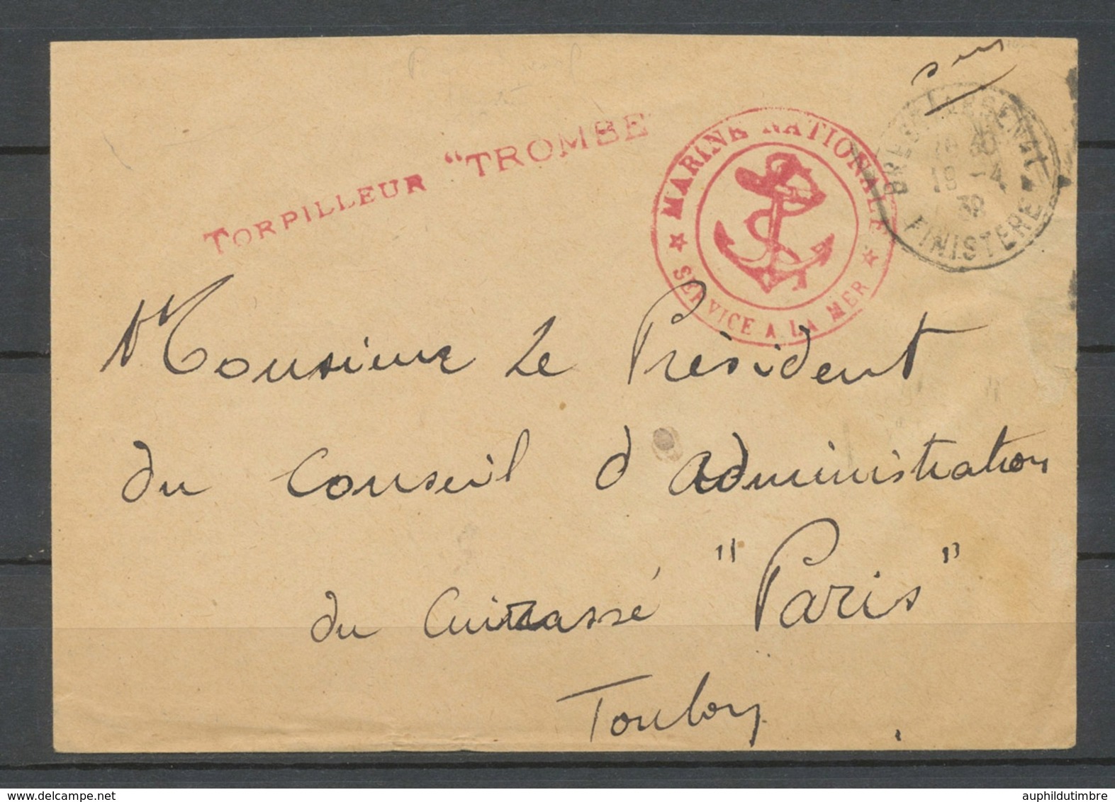 1938 Env. En FM Obl BREST-ARSENAL FINISTERE + Griffe Torpilleur TROMBE X3762 - Poste Maritime