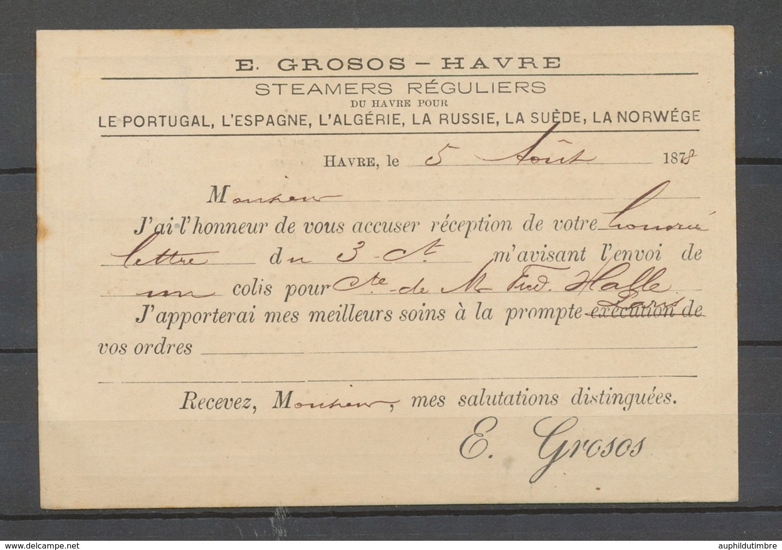 1876 CP Privée, STEAMERS GROSO/HAVRE, 15c. Sage Bleu, Arrivée REULTLINGEN X3872 - Krieg 1870