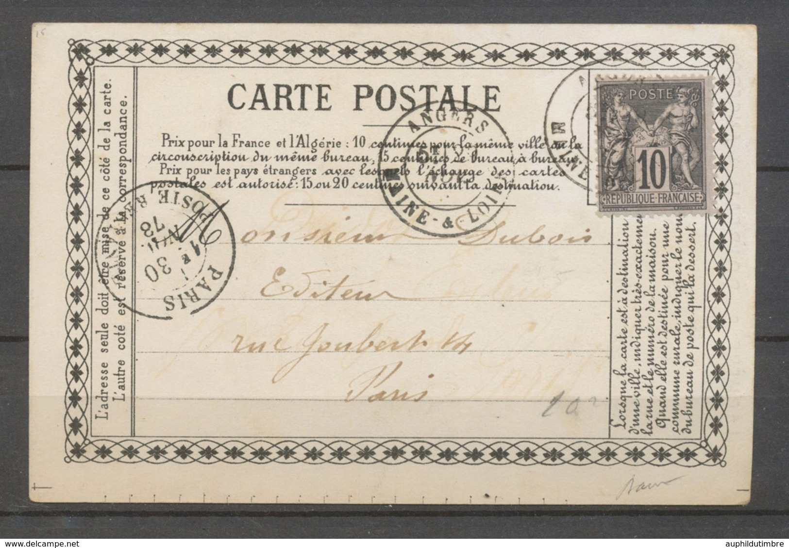 1878 CP Privée, LACHESE & DOLBEAU Angers, 10c. Sage Obl., SUP X3874 - War 1870