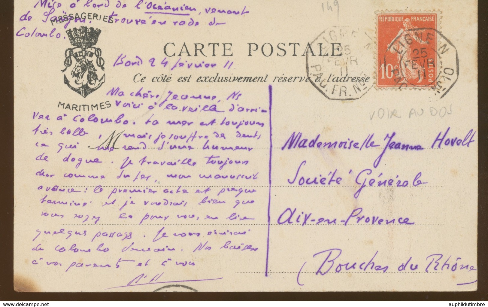 1911 CP PAQUEBOT/LOUQSOR, Grand Cachet Bleu Des Messagerie Maritimes X3875 - Maritieme Post