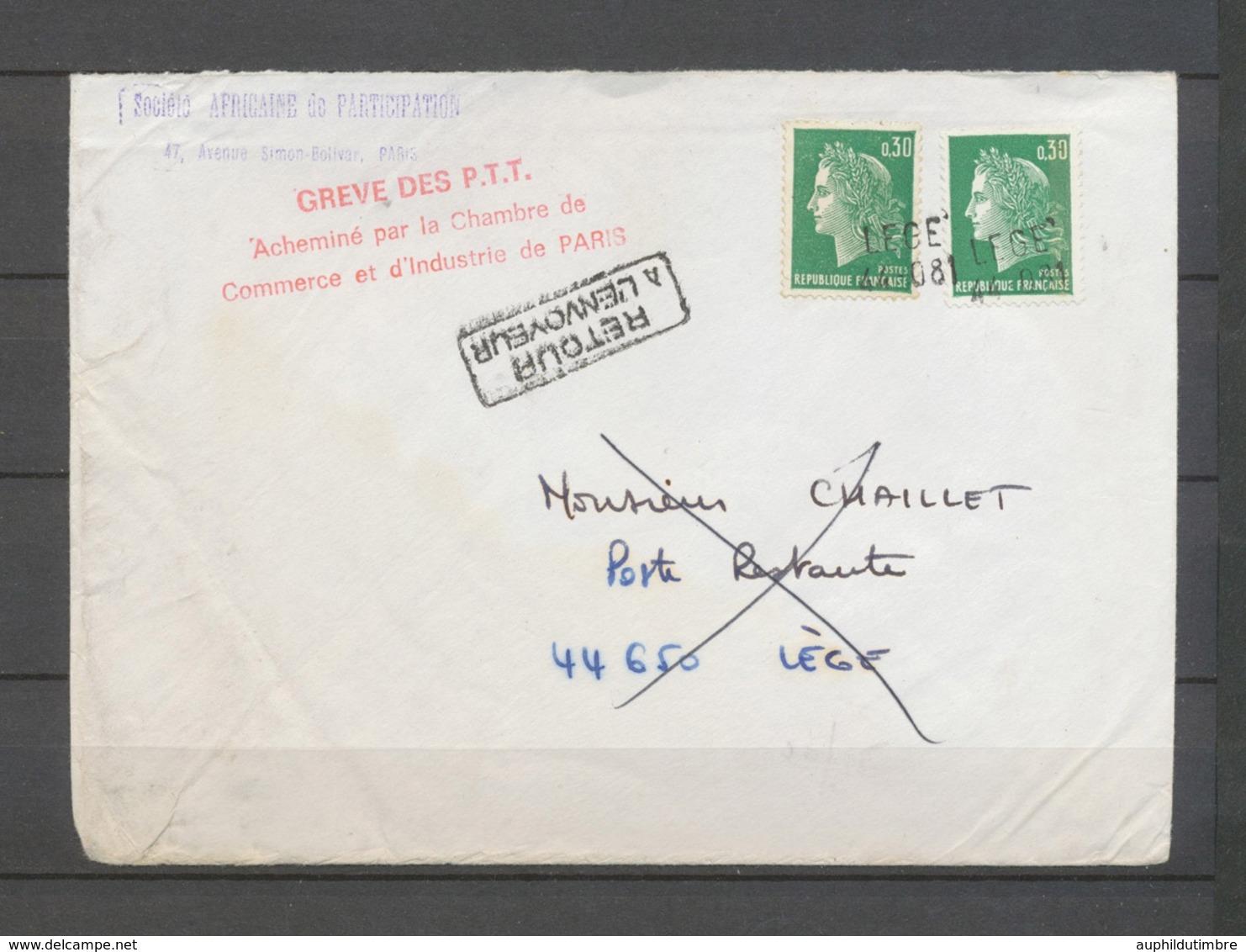 1975 Lettre GREVE DES P.T.T., Griffe Rouge + Cheffer 0.30 Annulés X3883 - 1921-1960: Modern Tijdperk