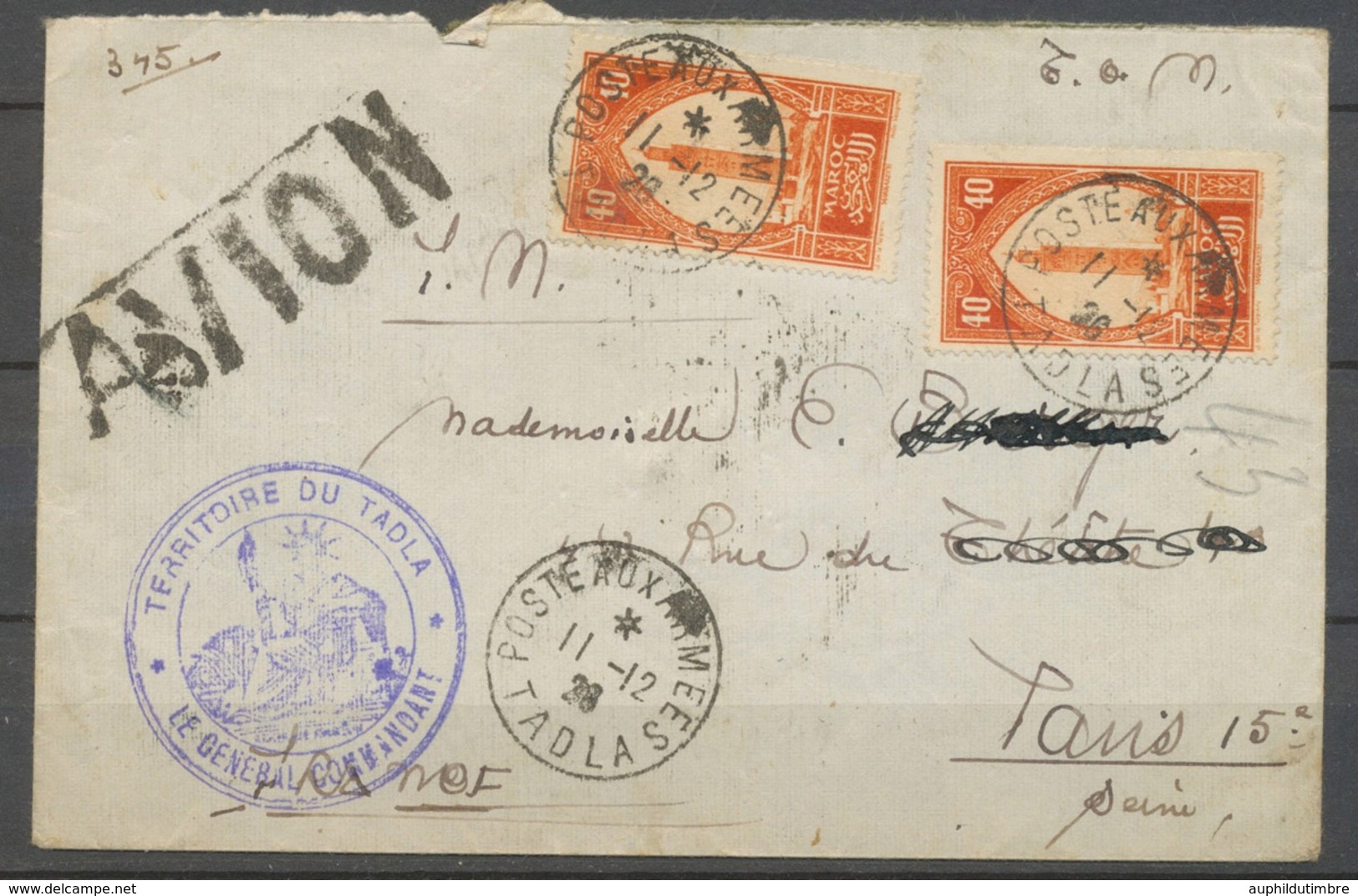 1928 Lettre POSTE AUX ARMEES/TADLA, Obl. Maroc 40c.*2, SUP X3944 - Collections