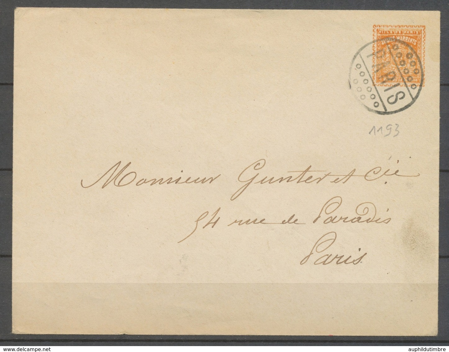 Env. VILLE DE PARIS/SAISIE WARRANTS, Imprimé Obl. Distribution Privée X3946 - 1849-1876: Classic Period