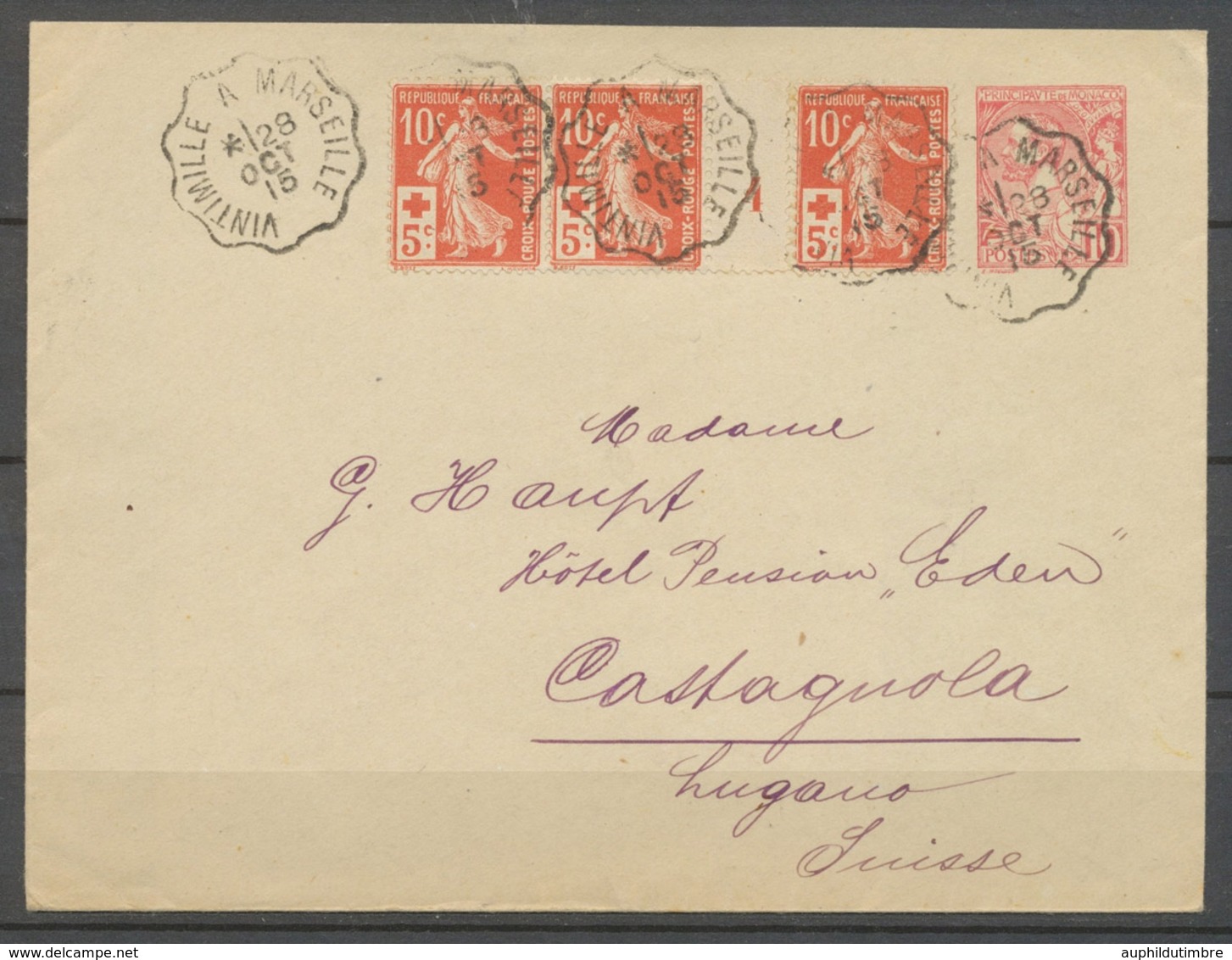 1915 Env Entier MONACO, Entier 10c. + France 10c. + 5c. Croix-Rouge X3951 - Postmarks