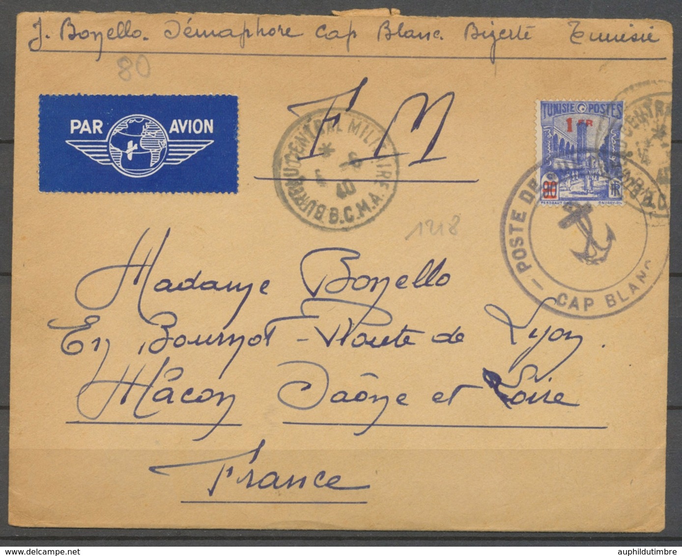 1940 Lettre POSTE DE SEMAPHORE/CAP BLANC, Grand Càd Obl. 1/80c. Tunisie X3954 - Schiffspost