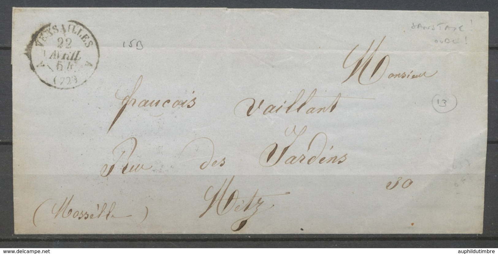 1854 TAXE OUBLIEE Sur Lettre Pour Metz, 3 Càd Au Dos. Versailles A X3976 - Krieg 1870