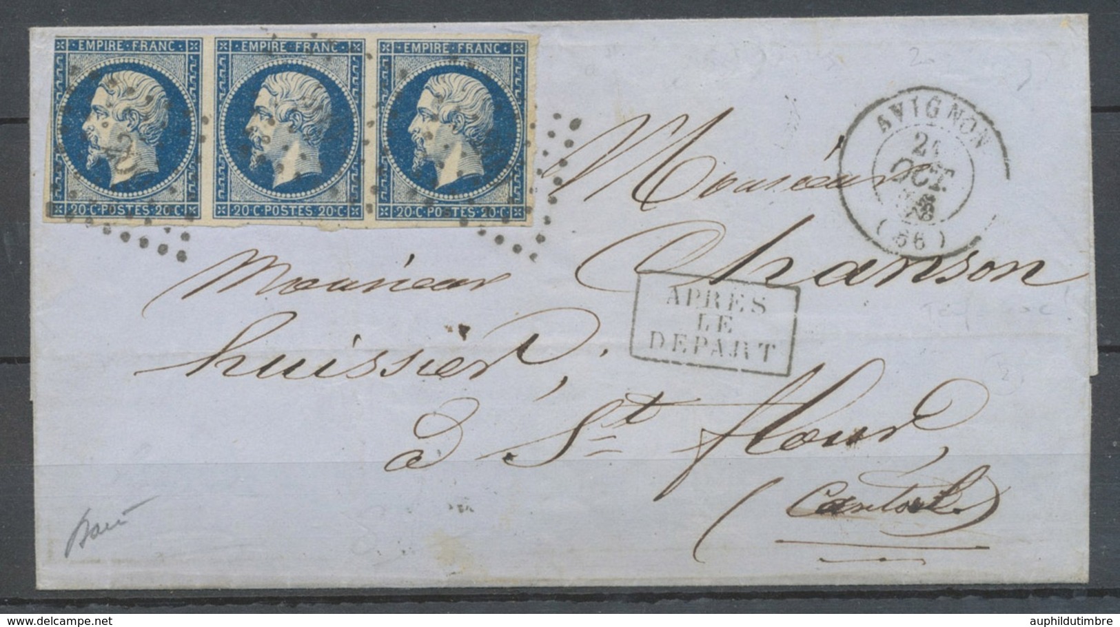 1856 20c. De Trop Sur Lettre D'Avignon à St Flour, Bande De 3 N°14 Foncé X4046 - 1849-1876: Période Classique