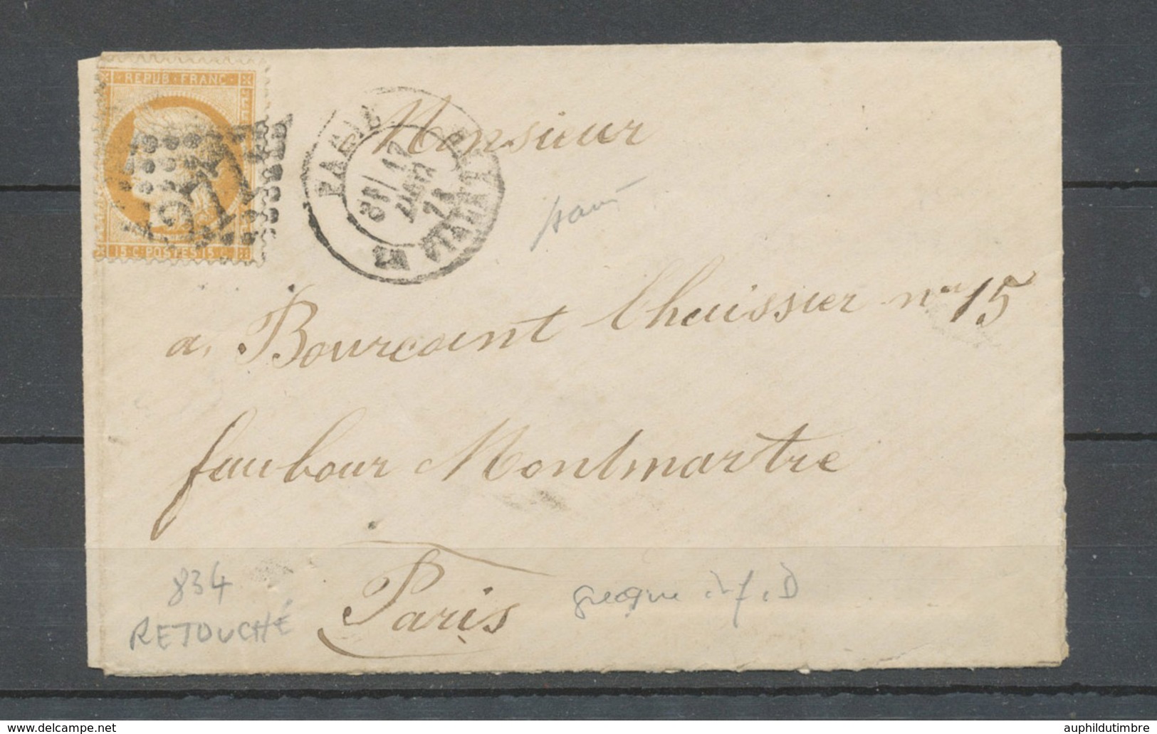 1873 Env. N° 59 15c Cérès RETOUCHE DE LA GRECQUE INF. D, RRR X4507 - Non Classificati