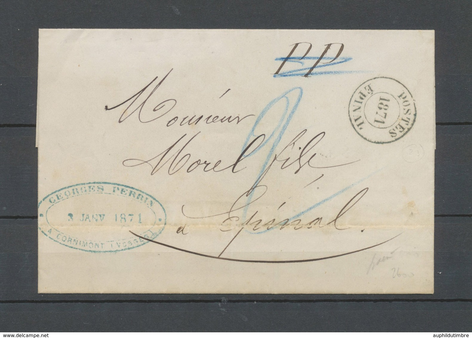 POSTES/EPINAL/1871, Càd Bleu Noir, PP Annulés, Taxe 2 Pour Epinal, SUP X4513 - Guerre De 1870