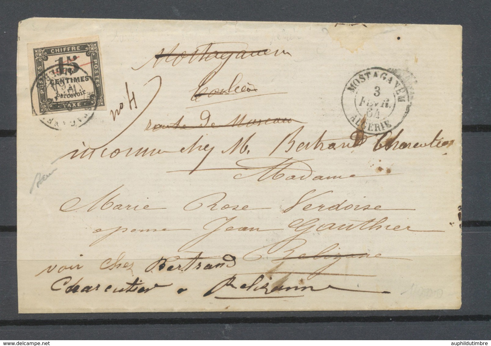 1864 Lettre Mostaganem, C 15 Obl. 15c Taxe + Plume Rouge ALGERIE X4576 - Collections