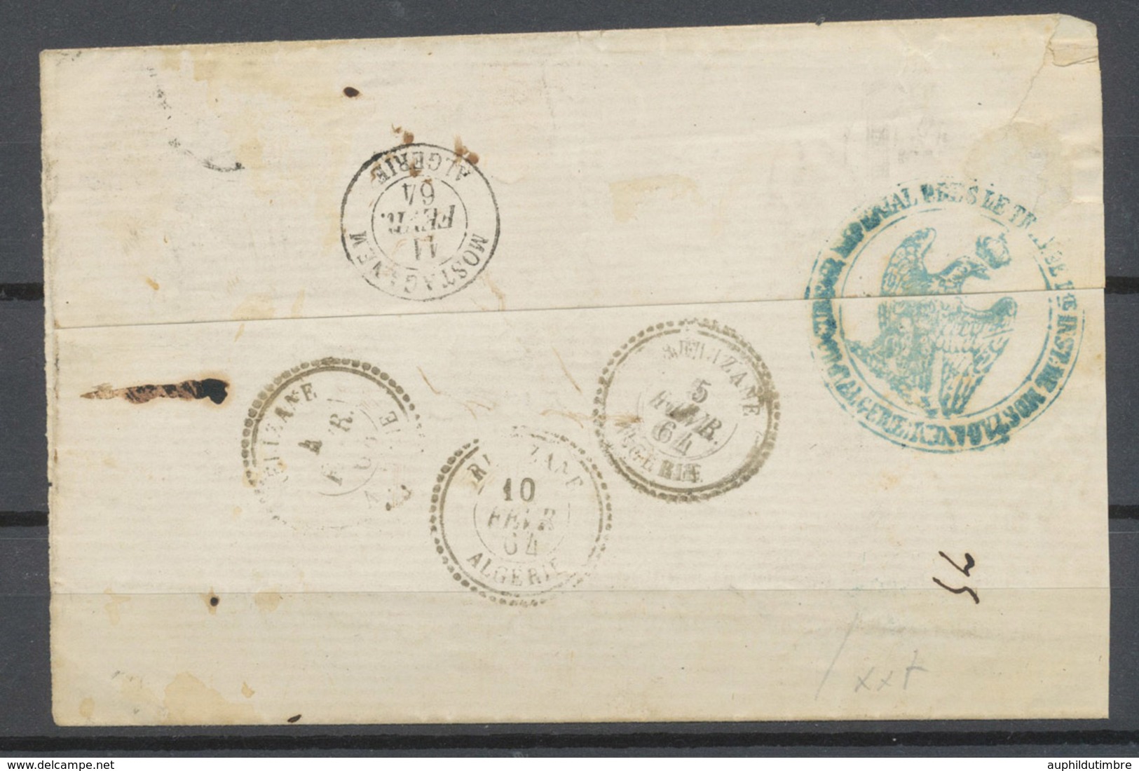 1864 Lettre Mostaganem, C 15 Obl. 15c Taxe + Plume Rouge ALGERIE X4576 - Collezioni