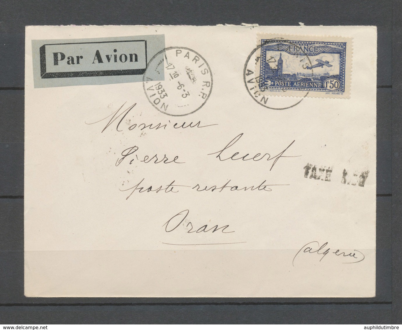 6.3.1933 Env . Paris-ORAN, ESSAI BOUSCAT, 1f 50 Avion + Griffe TAXE 3,30 X4605 - 1921-1960: Periodo Moderno