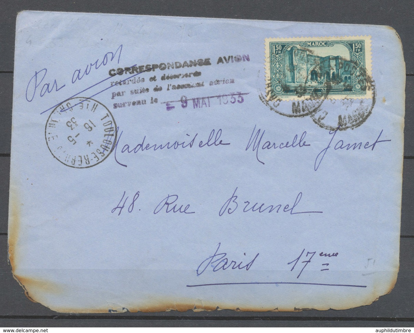 9.5.1933 Env. Par Avion ACCIDENTE, 1f 50 Maroc, Càd Toulouse, 16.5 X4608 - 1921-1960: Periodo Moderno