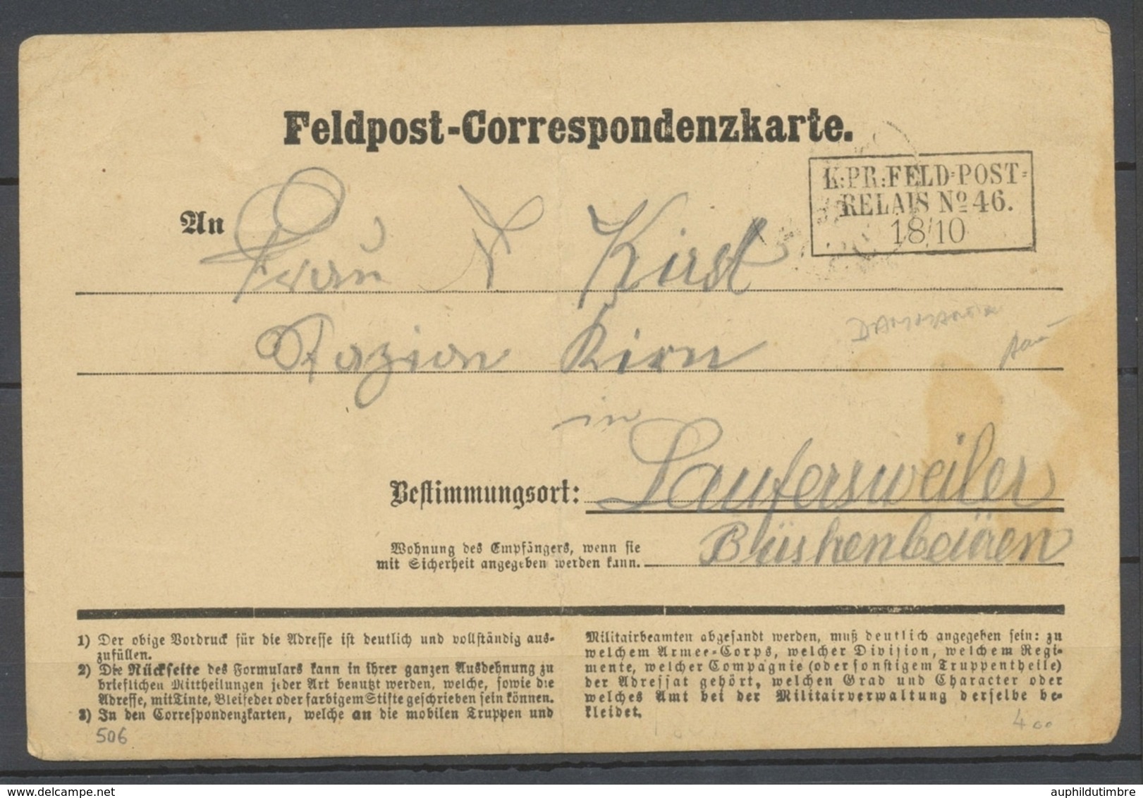 1870 Carte De Feldpost DAMMARTIN, K:PR:FELDPOST:RELAIS N°46, Rare, SUP X4779 - Oorlog 1870