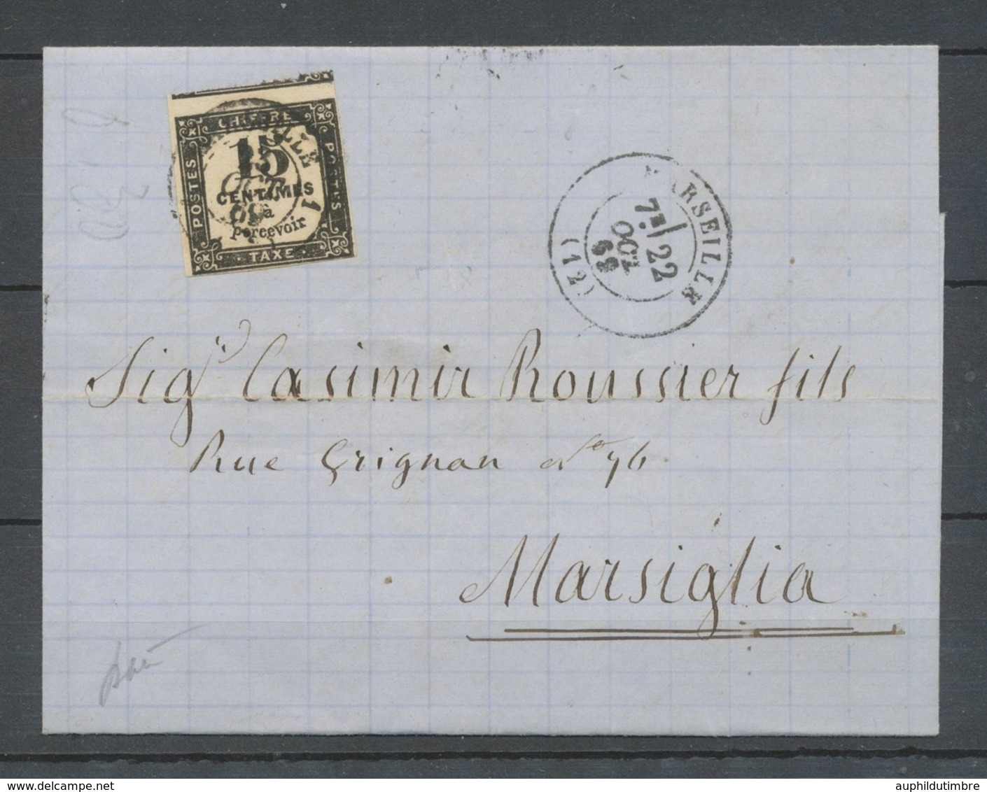 1869 Lettre D'ONEGLIA, Non Affranchie, Taxe 15c Obl Marseille 1, Superbe X4794 - 1859-1959 Brieven & Documenten