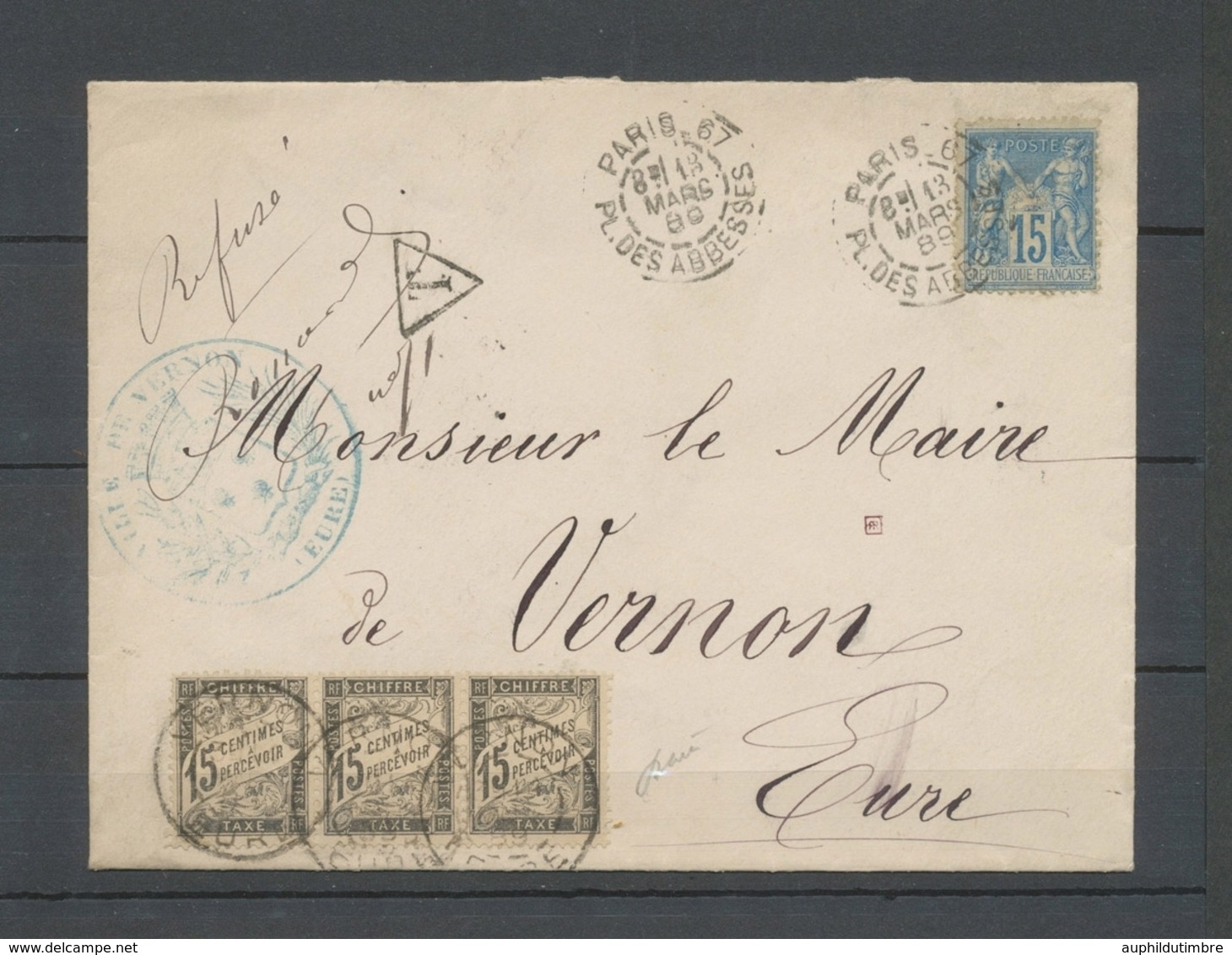 1889 Env. 15c Sage Bleu, Taxe 15c Dentelé Noir Bande De 3 (rare), Superbe X4803 - 1859-1959 Cartas & Documentos