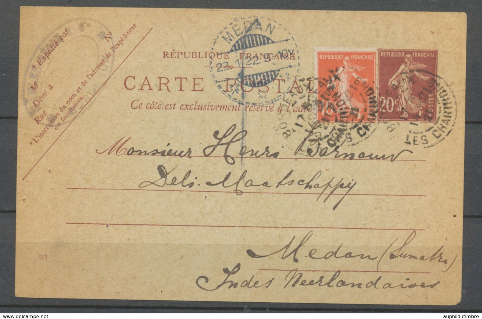 1922 CP Entier 20c + 10c Obl Bordeaux, Arrivée MEDAN(Sumatra), Rare X4821 - 1877-1920: Période Semi Moderne