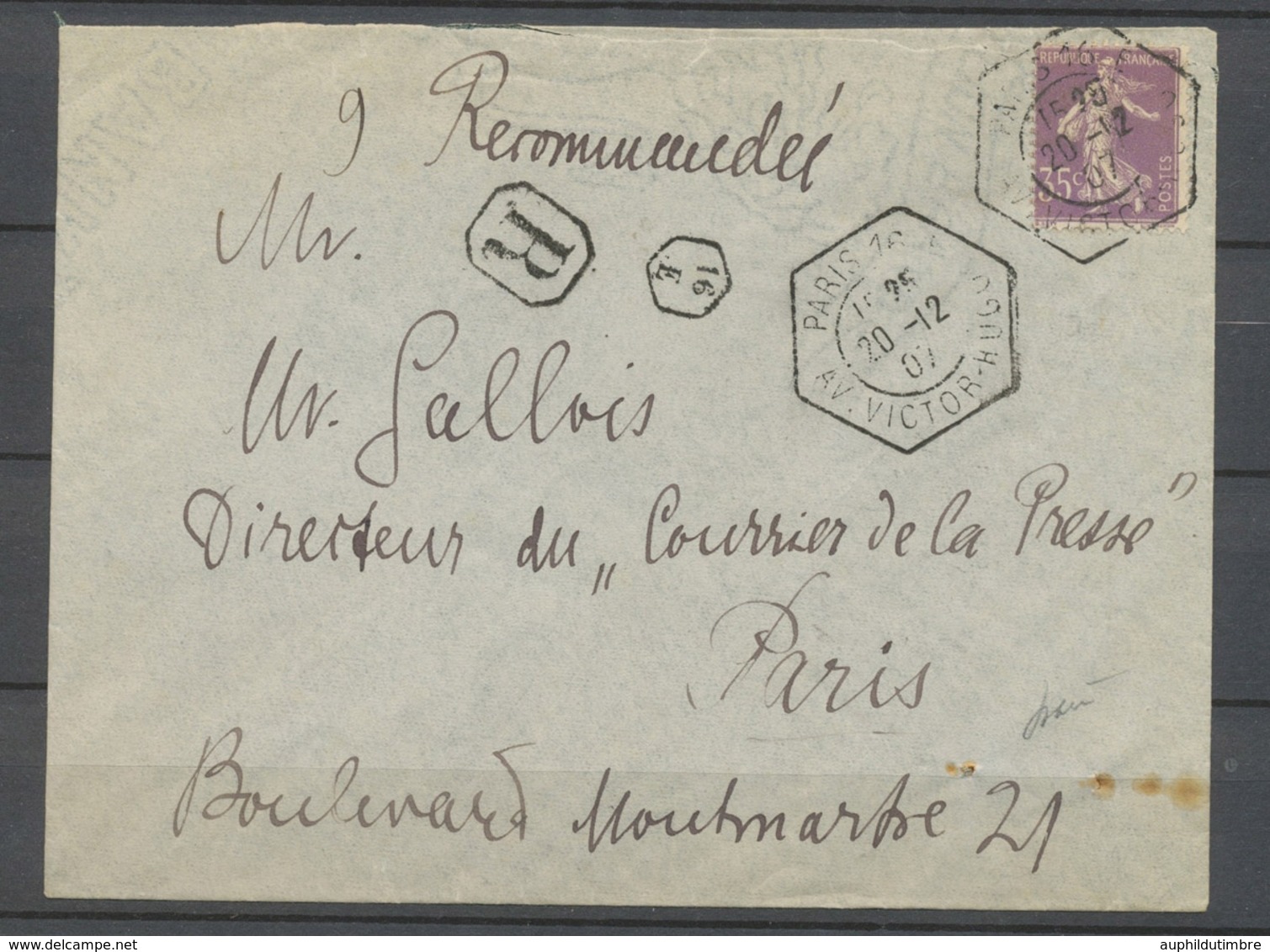 1907 Env. 35c Violet Obl Grand Càd Hexagonal Paris 16/AV VICTOR HUGO, LR X4827 - 1877-1920: Semi Modern Period