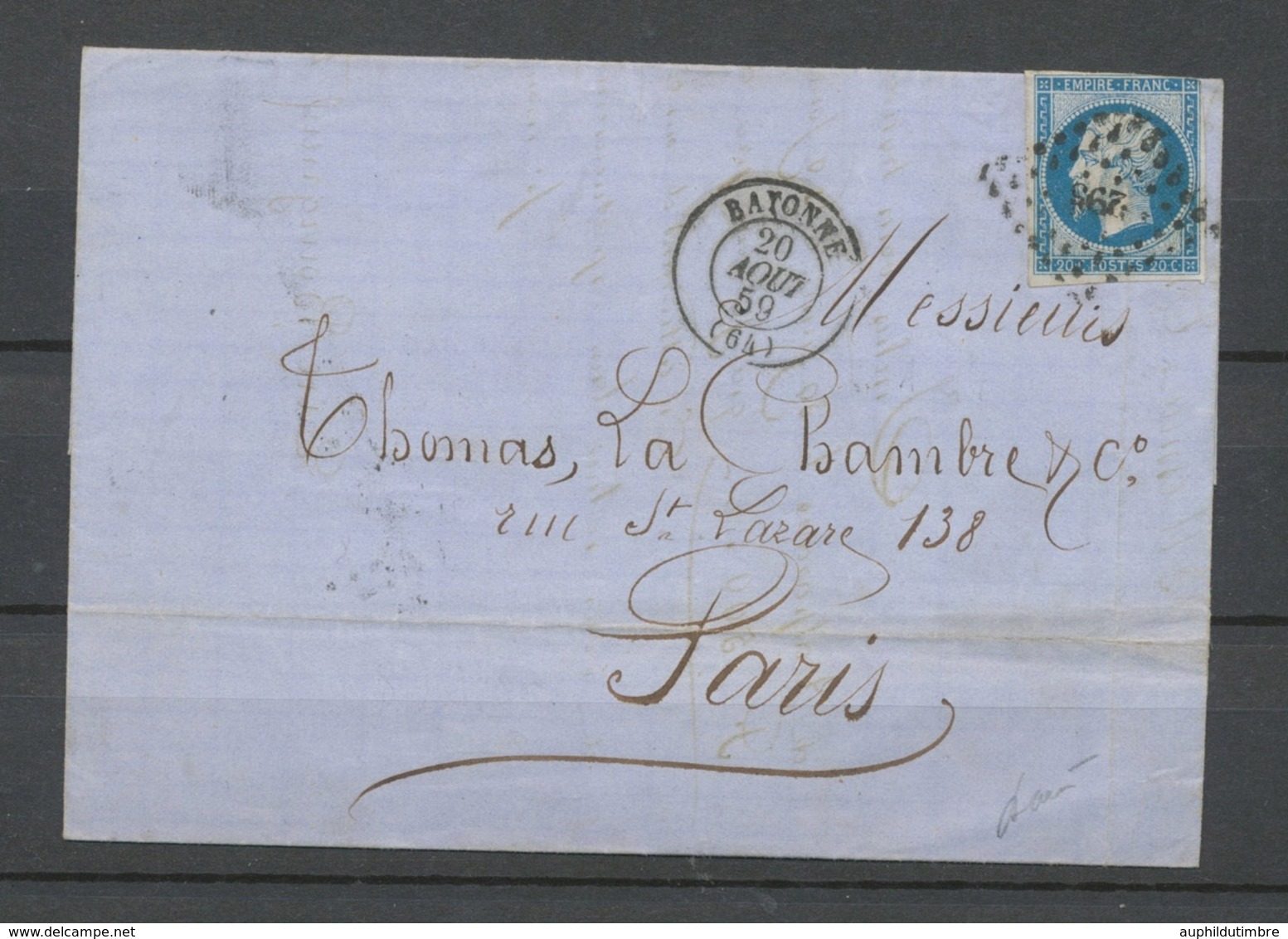 1859 Lettre Bayonne, Losange PC REGRAVES 295 Sur N°14, C 15, Rare, SUP X4878 - 1801-1848: Précurseurs XIX