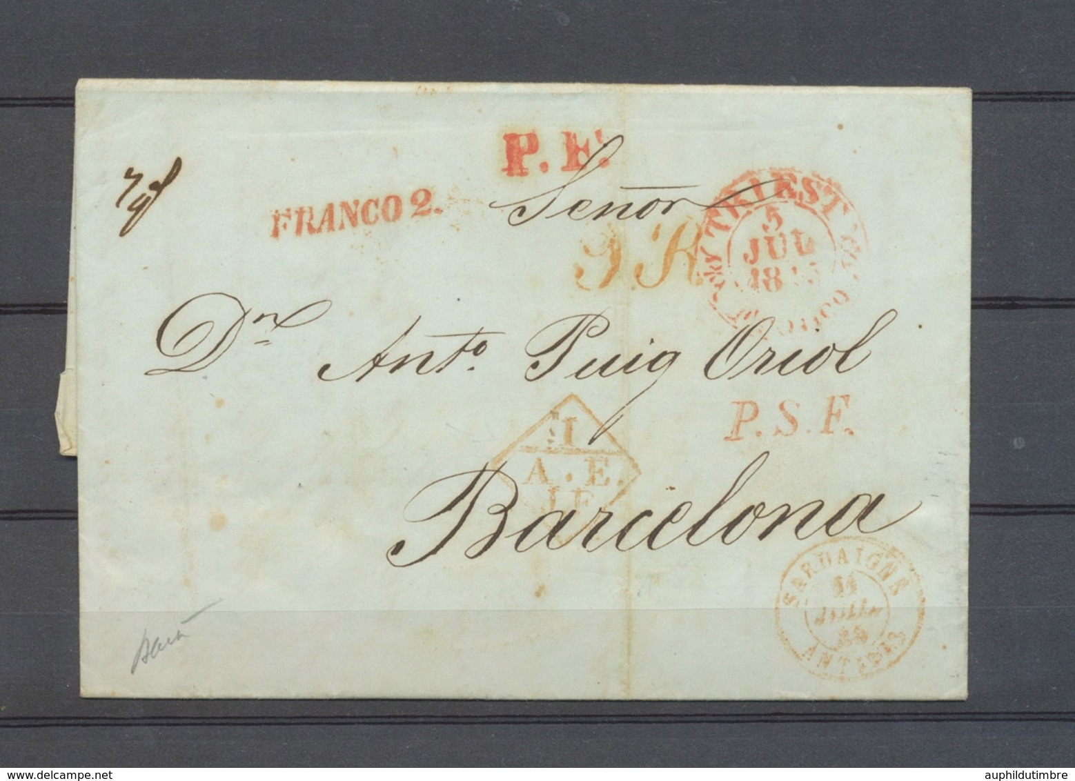 1845 Lettre 1/A.E.J.F + TRIEST + P.S.F + FRANCO 2 + Sardaigne Antibes X4892 - Marques D'entrées